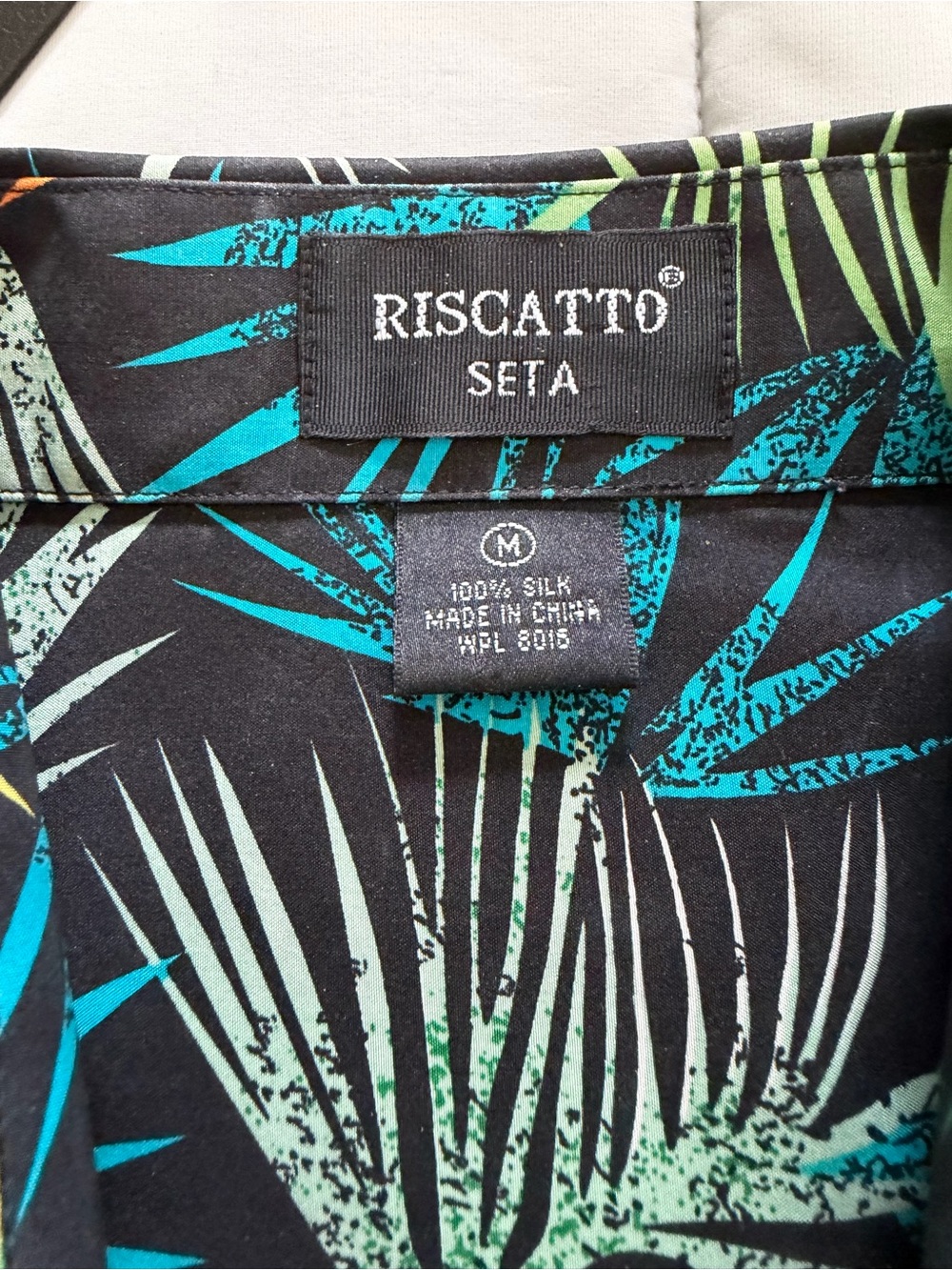 Riscatto Seta 100% Silk Blouse - Black with Teal & Green Palm Print M